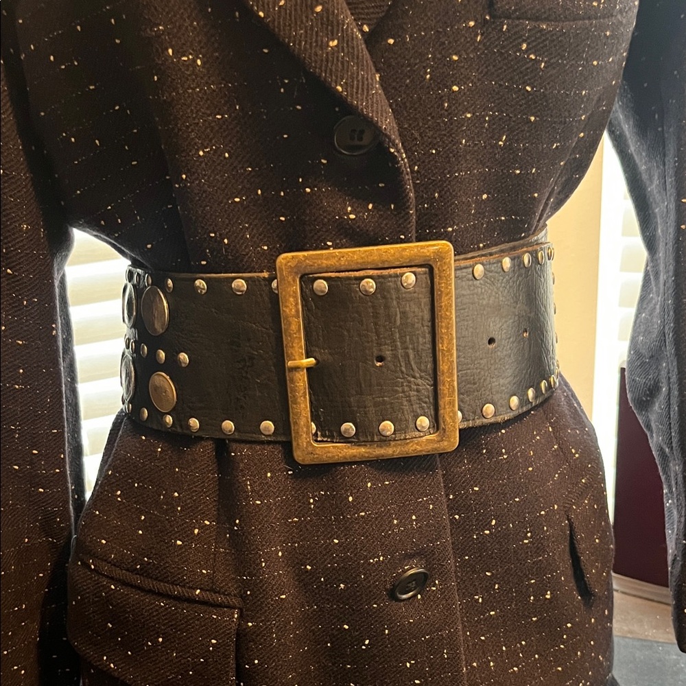 Wide Studded Vintage Black Leather Waist Belt with Brass and Silver Coin Buckle
